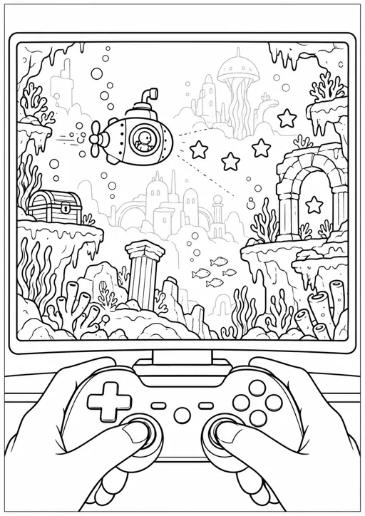 Jeu vidéo : sous-marin et étoiles : dessin noir et blanc à colorier
