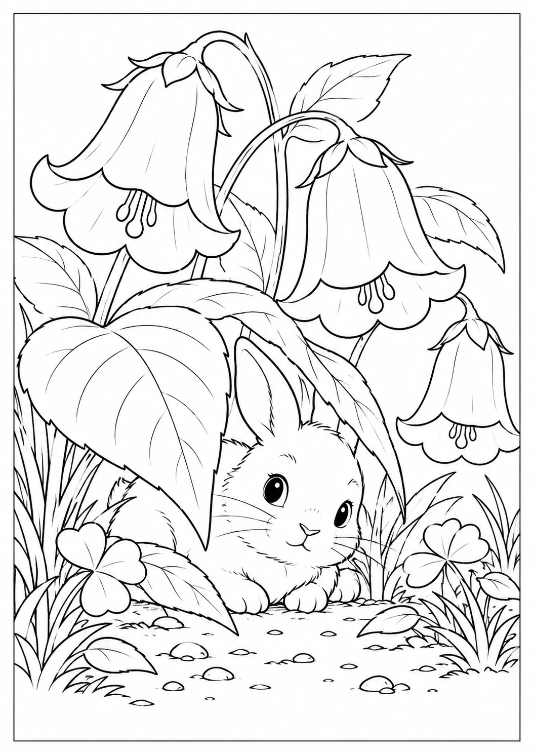 Lapereau sous les fleurs : dessin en noir et blanc à colorier