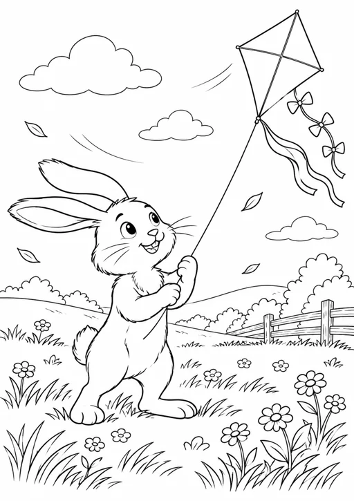 Lapin au cerf-volant : dessin en noir et blanc à colorier