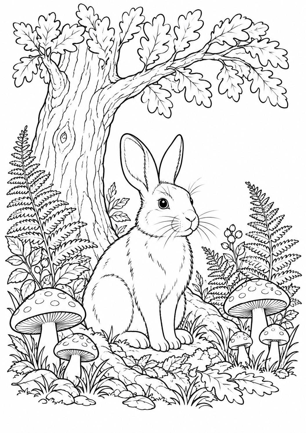 Lapin dans la forêt : dessin noir et blanc à colorier