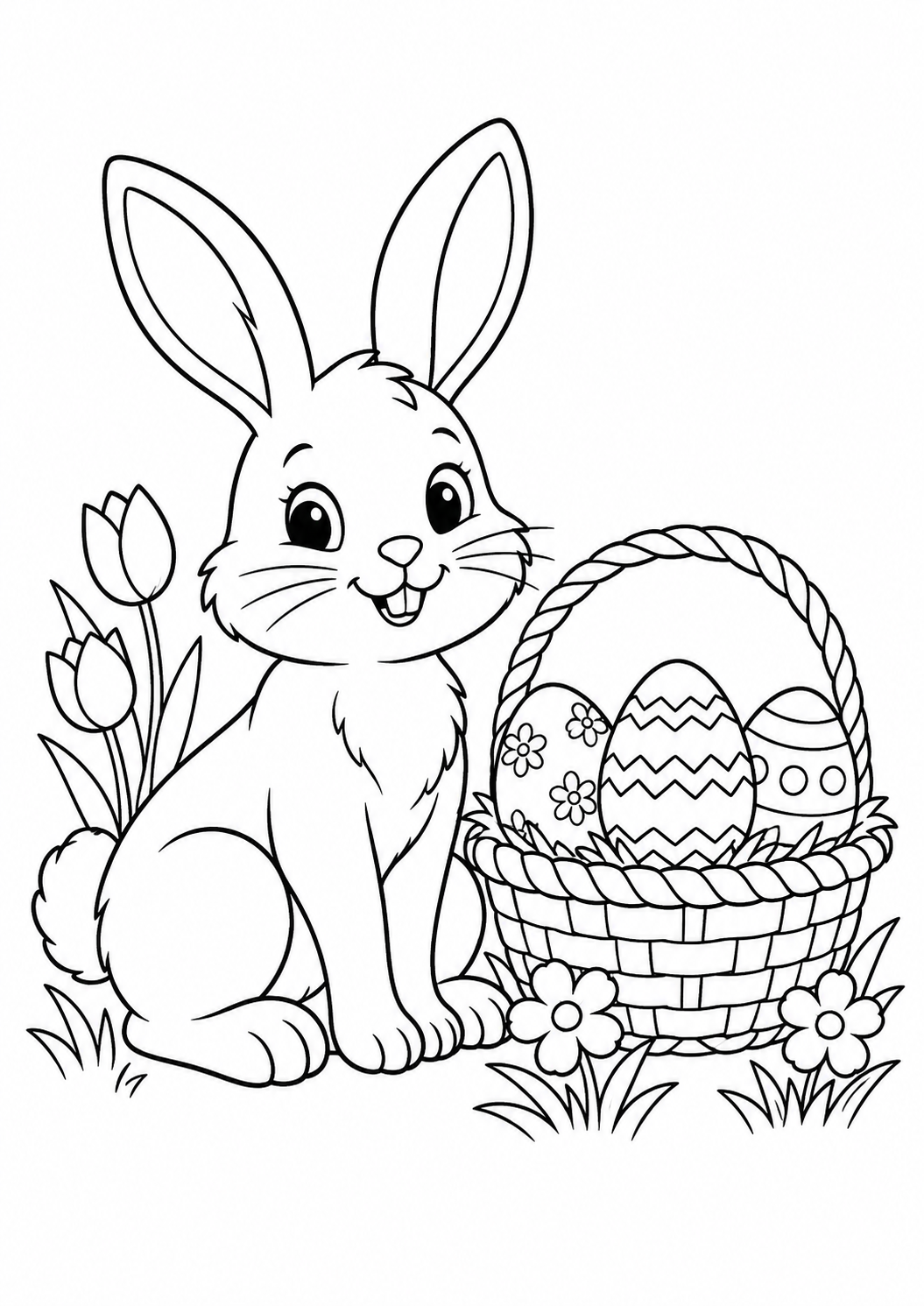 Lapin de Pâques et son panier : dessin noir et blanc à colorier