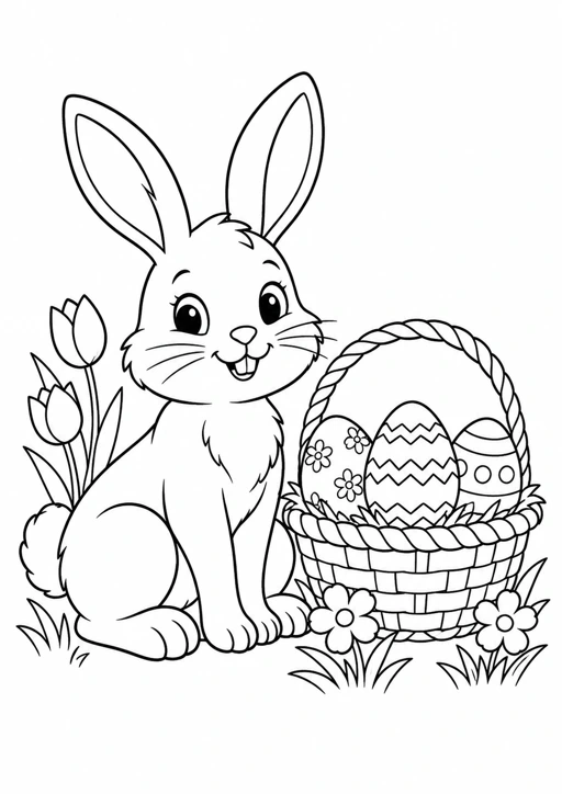 Lapin de Pâques et son panier : dessin noir et blanc à colorier