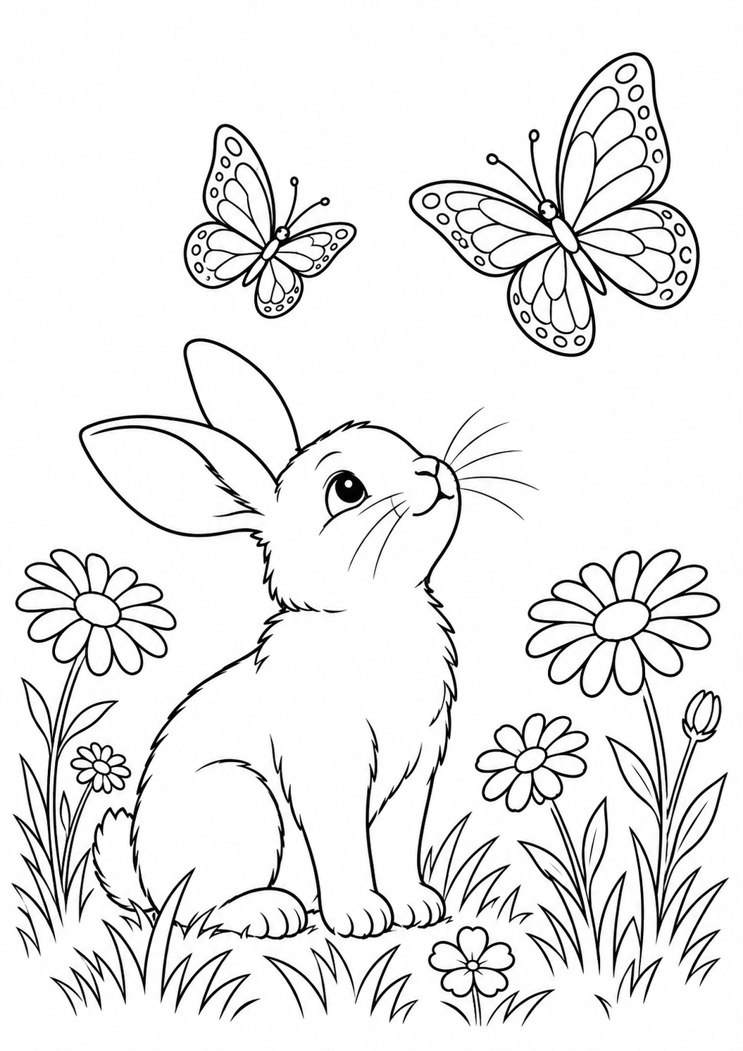 Lapin et papillons : dessin noir et blanc à colorier