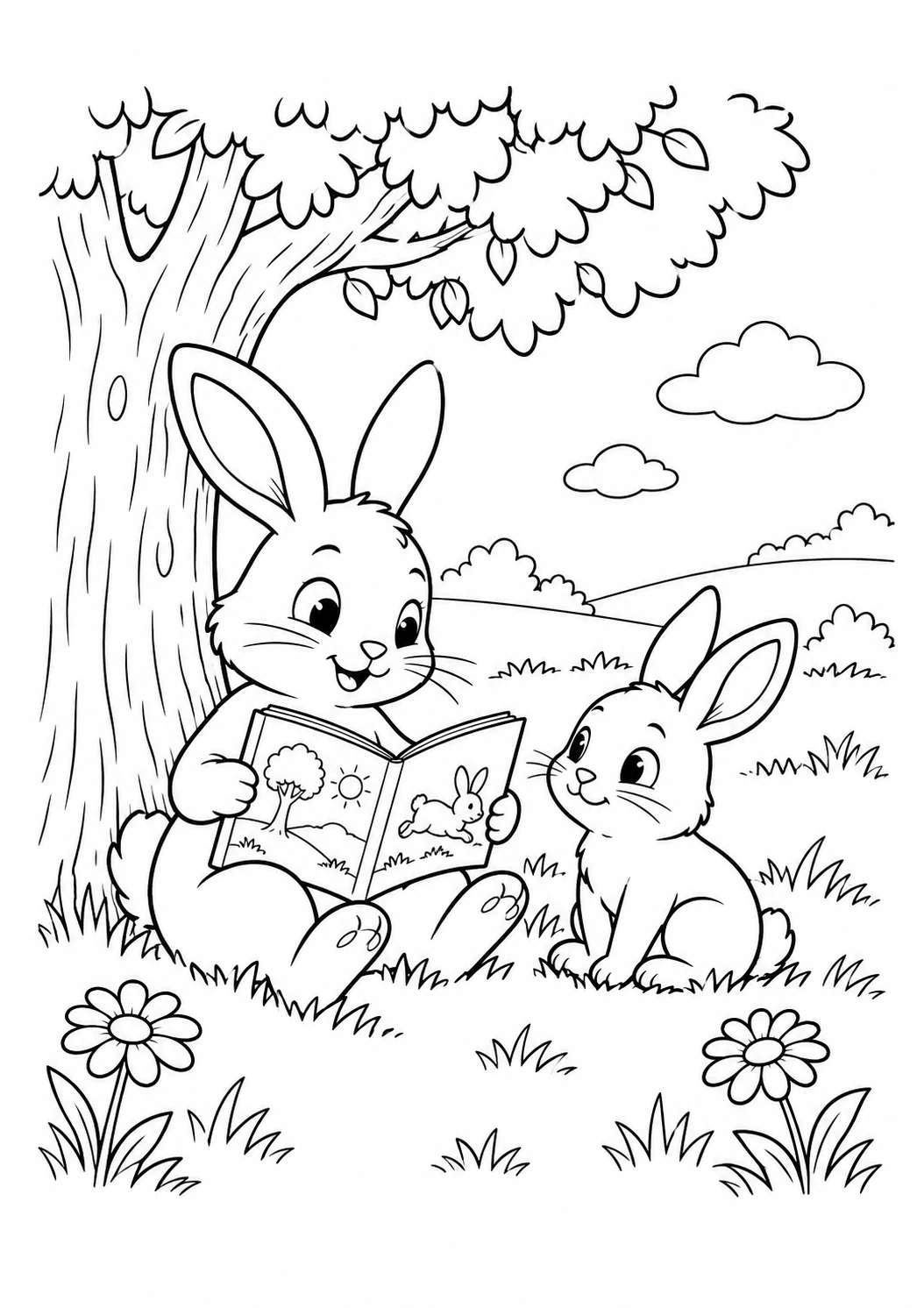 Deux lapins lisent sous un arbre : dessin noir et blanc à colorier