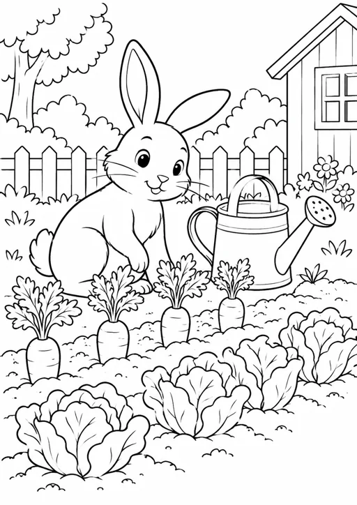 Lapin au potager : dessin en noir et blanc à colorier