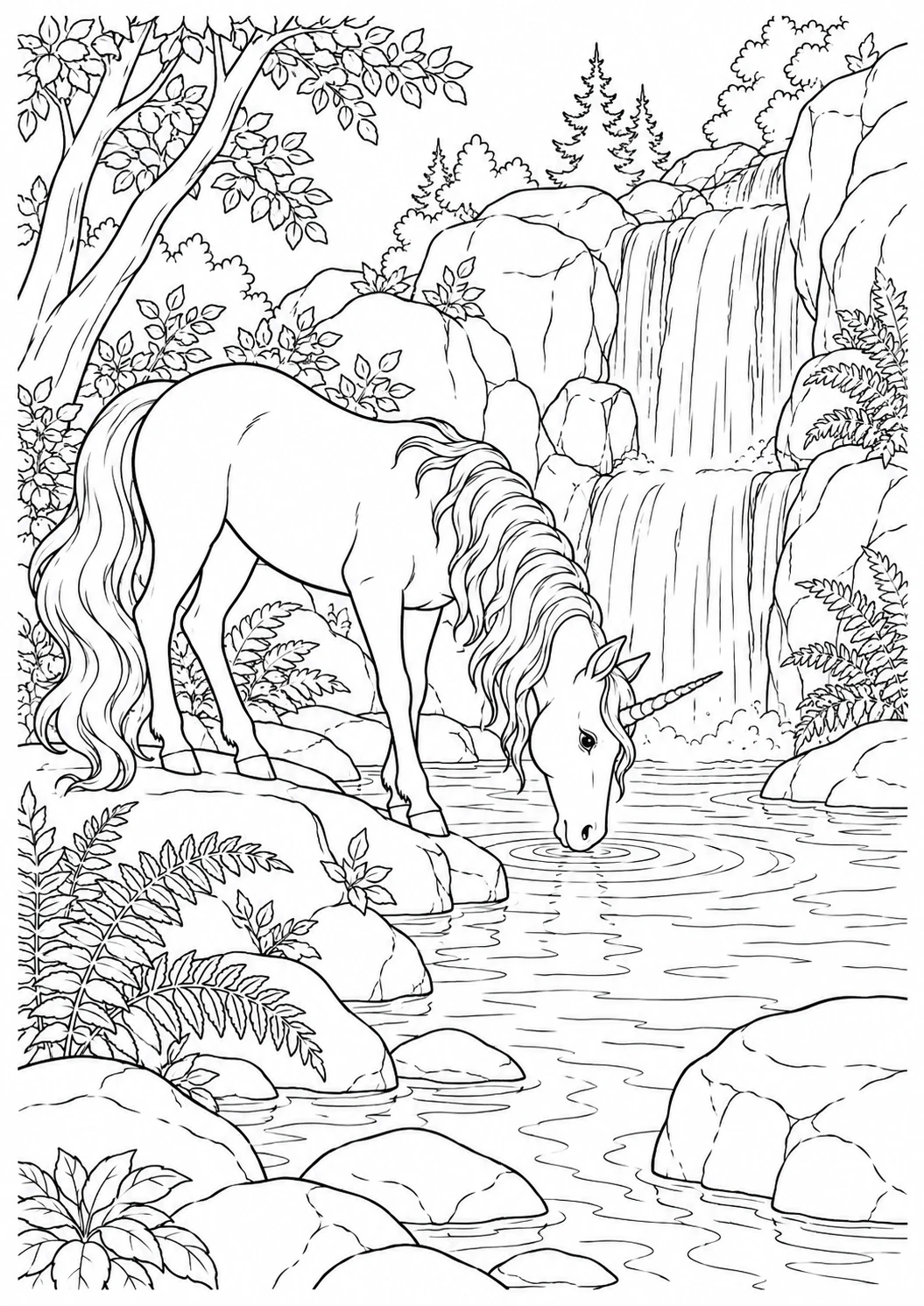 Licorne près de la cascade : dessin en noir et blanc à colorier