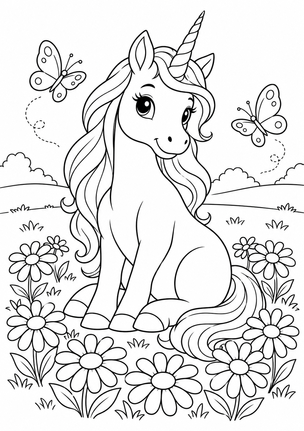Licorne assise dans une prairie de grandes fleurs, entourée de deux papillons, coloriage pour enfants.