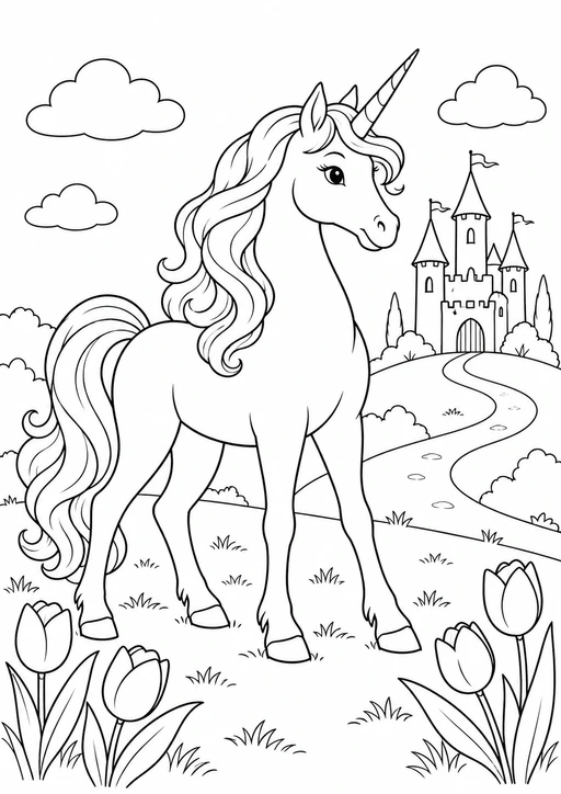 Licorne debout devant un château avec un chemin et des tulipes, dessin noir et blanc à imprimer.