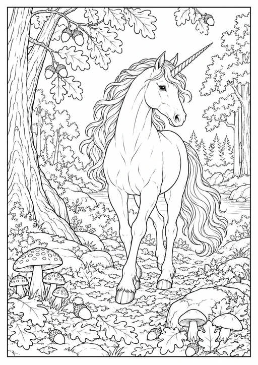 Licorne dans la forêt d’automne : dessin noir et blanc à colorier