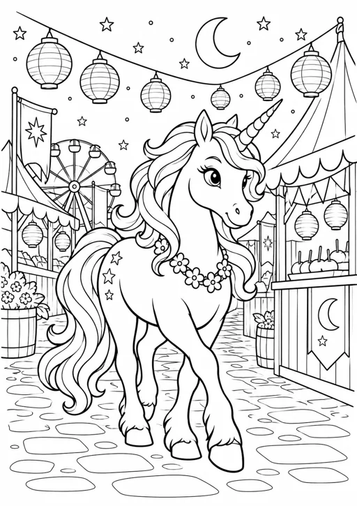 Licorne aux lanternes : dessin en noir et blanc à colorier
