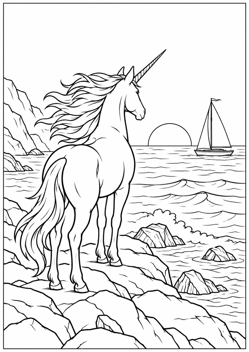 Licorne face à la mer : dessin noir et blanc à colorier