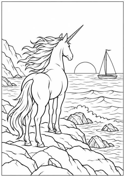 Licorne face à la mer : dessin noir et blanc à colorier