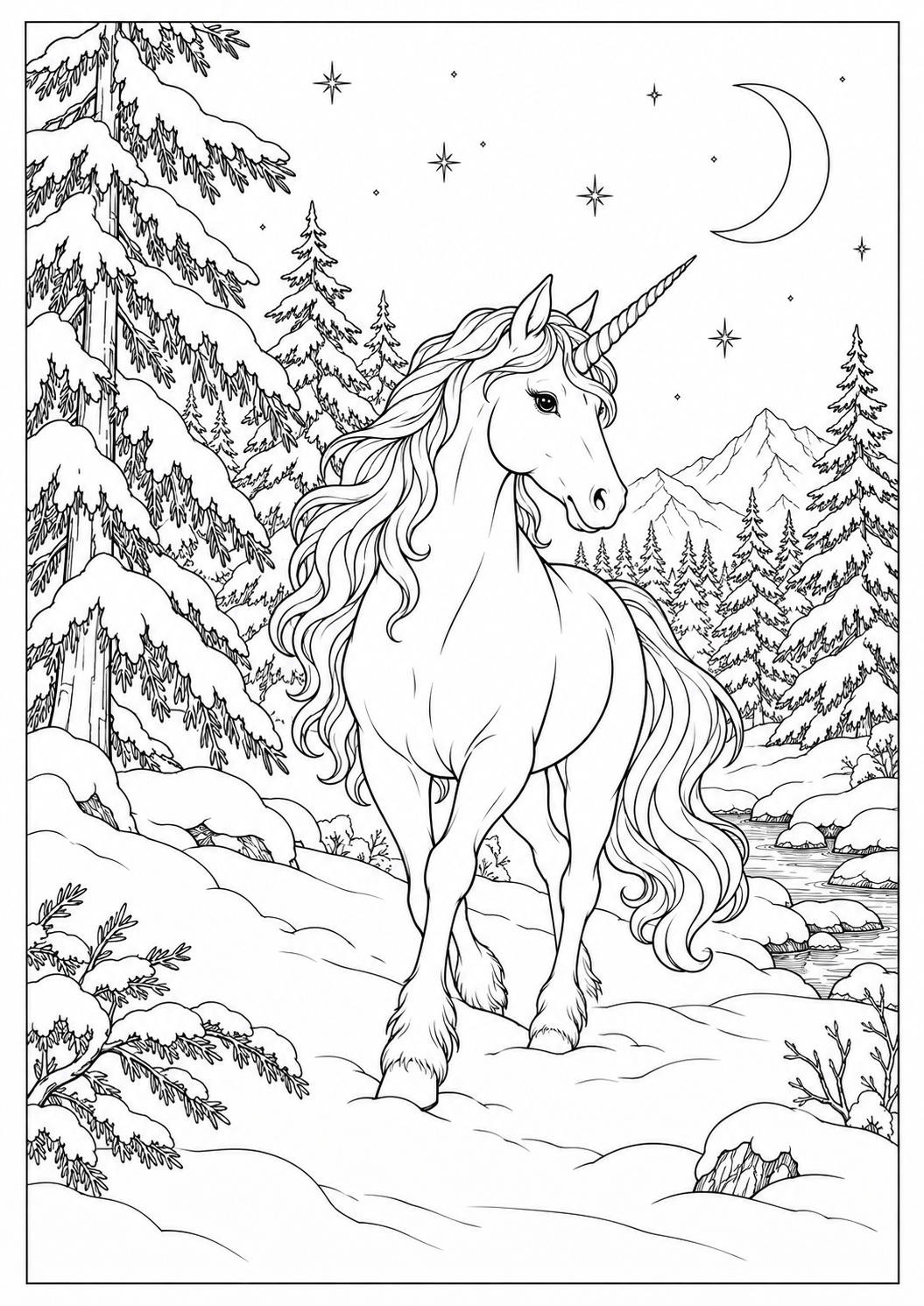 Licorne dans la forêt enneigée : dessin noir et blanc à colorier