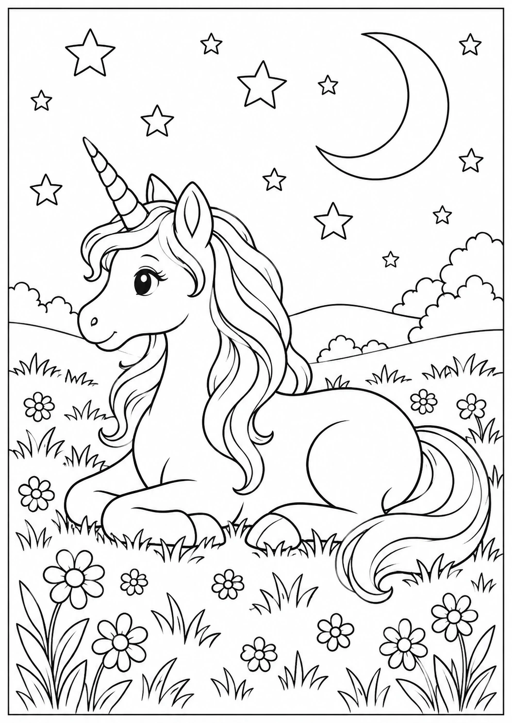 Licorne dans la prairie étoilée : dessin en noir et blanc à colorier