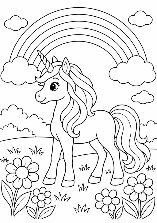 Licorne à grande crinière sous un arc-en-ciel avec des nuages et des fleurs, dessin à colorier.