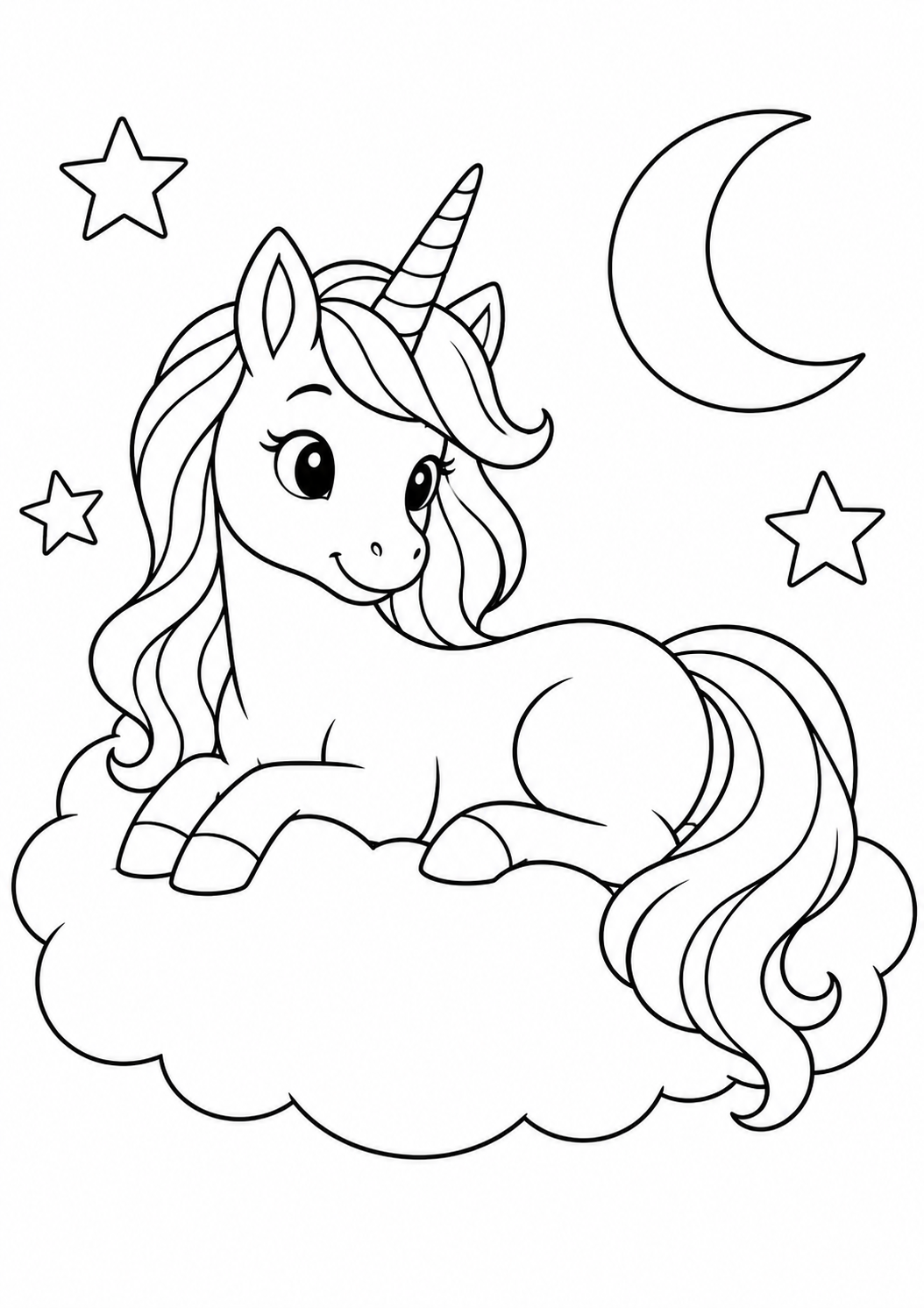 Licorne allongée sur un nuage avec une lune et des étoiles, coloriage simple en noir et blanc.