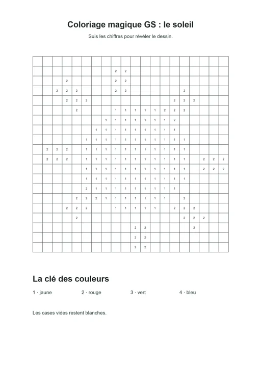 Coloriage magique GS : le soleil : dessin noir et blanc à colorier