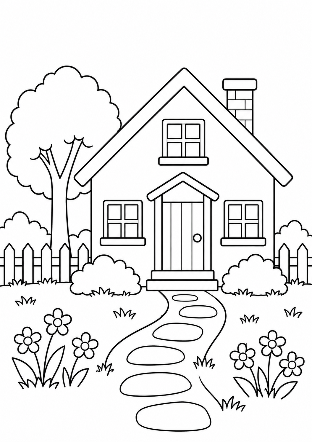 Maison au jardin : dessin noir et blanc à colorier