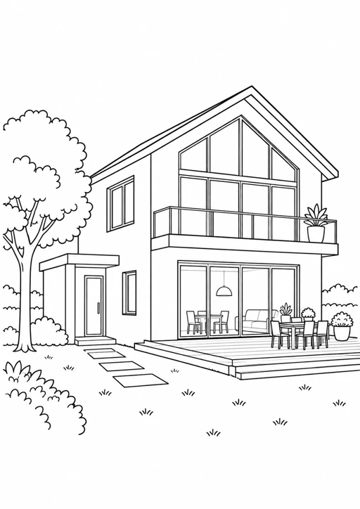 Maison contemporaine et terrasse : dessin noir et blanc à colorier