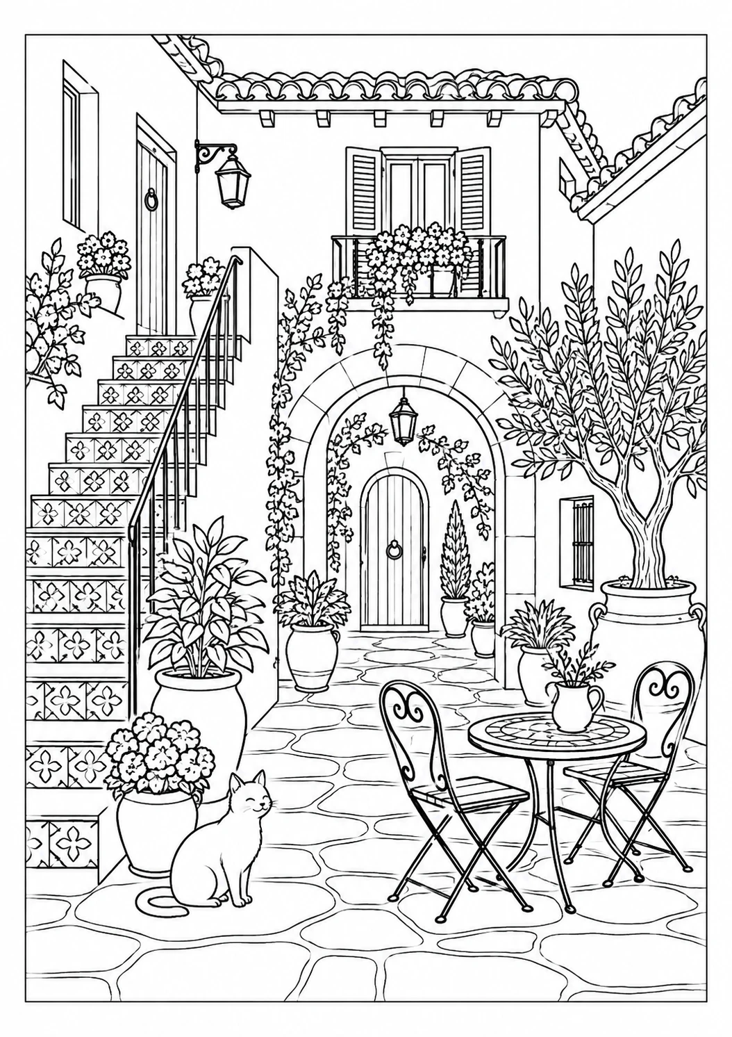 Maison et cour intérieure : dessin en noir et blanc à colorier