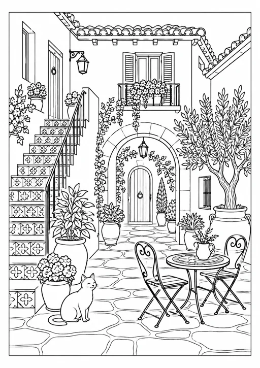 Maison et cour intérieure : dessin en noir et blanc à colorier