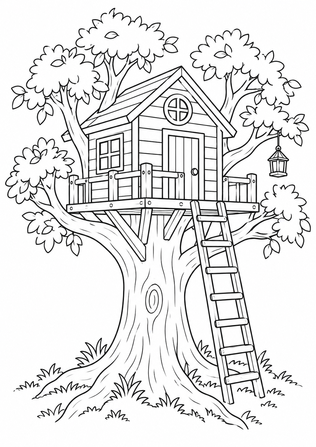 Cabane perchée dans un arbre : dessin noir et blanc à colorier