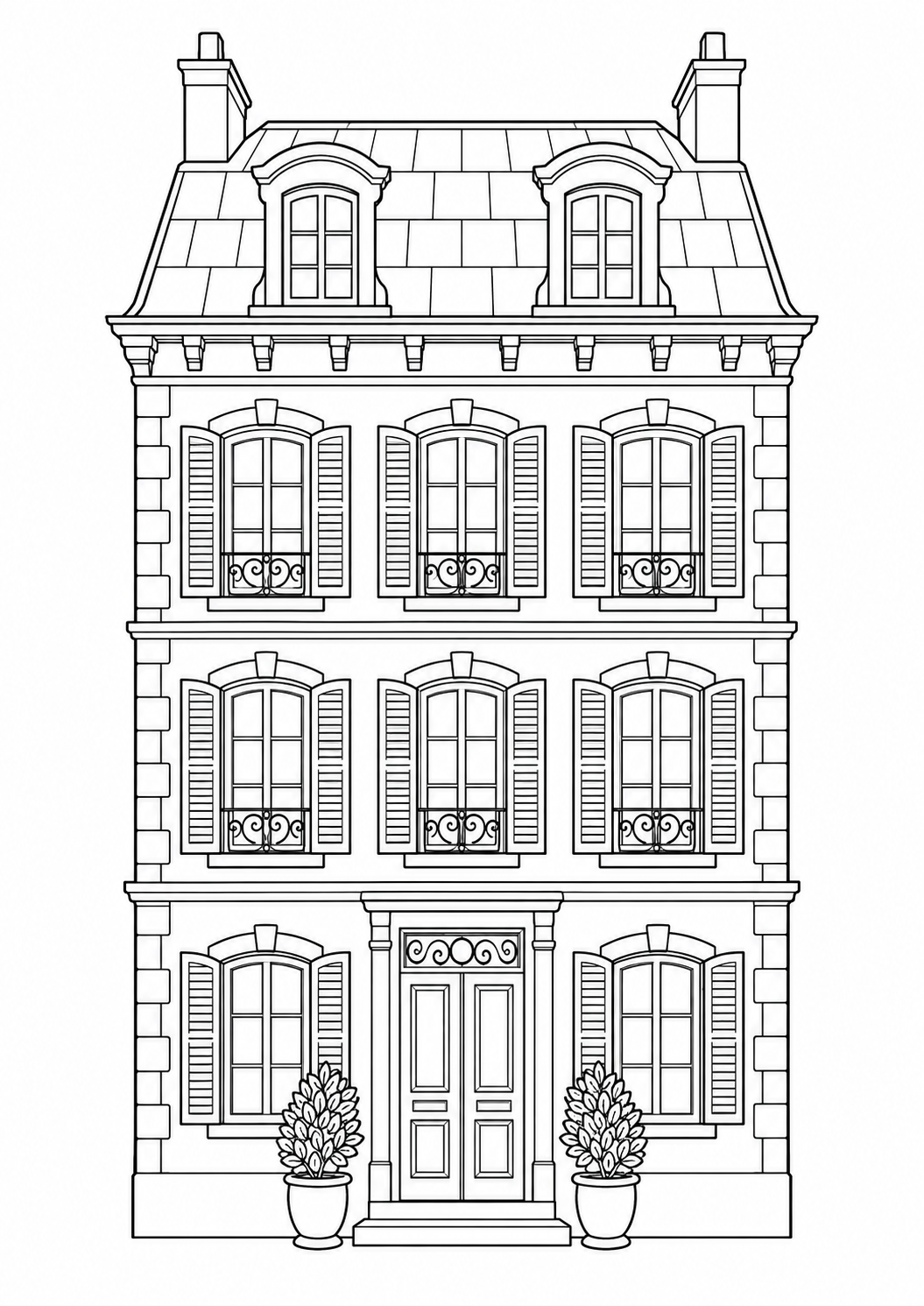 Maison de ville à volets : dessin noir et blanc à colorier