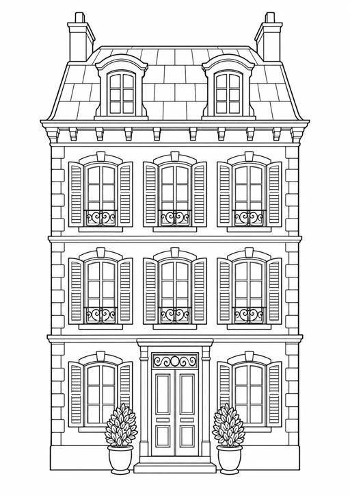 Maison de ville à volets : dessin noir et blanc à colorier