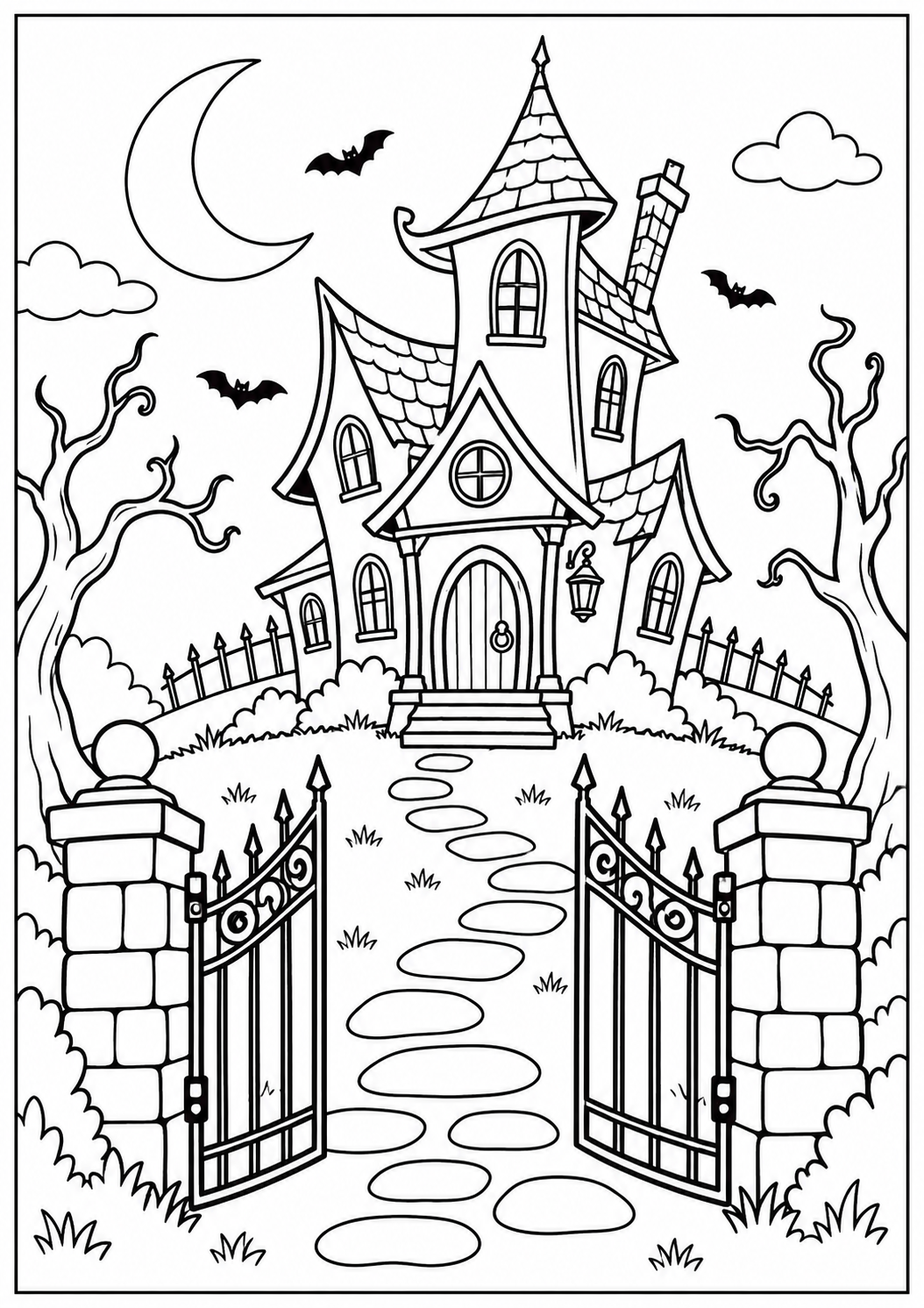 Maison hantée d’Halloween : dessin noir et blanc à colorier