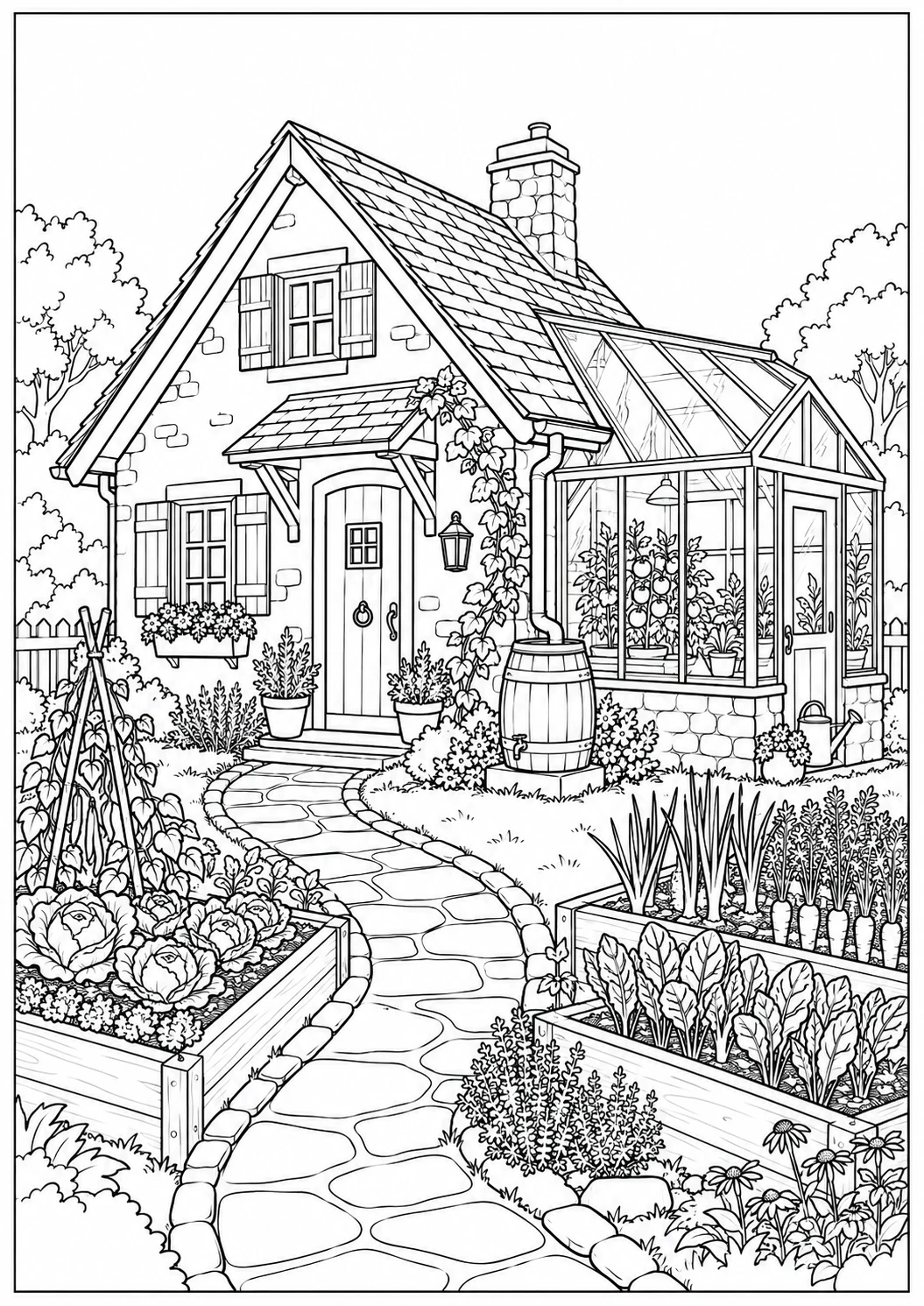 Maison avec serre et potager : dessin noir et blanc à colorier