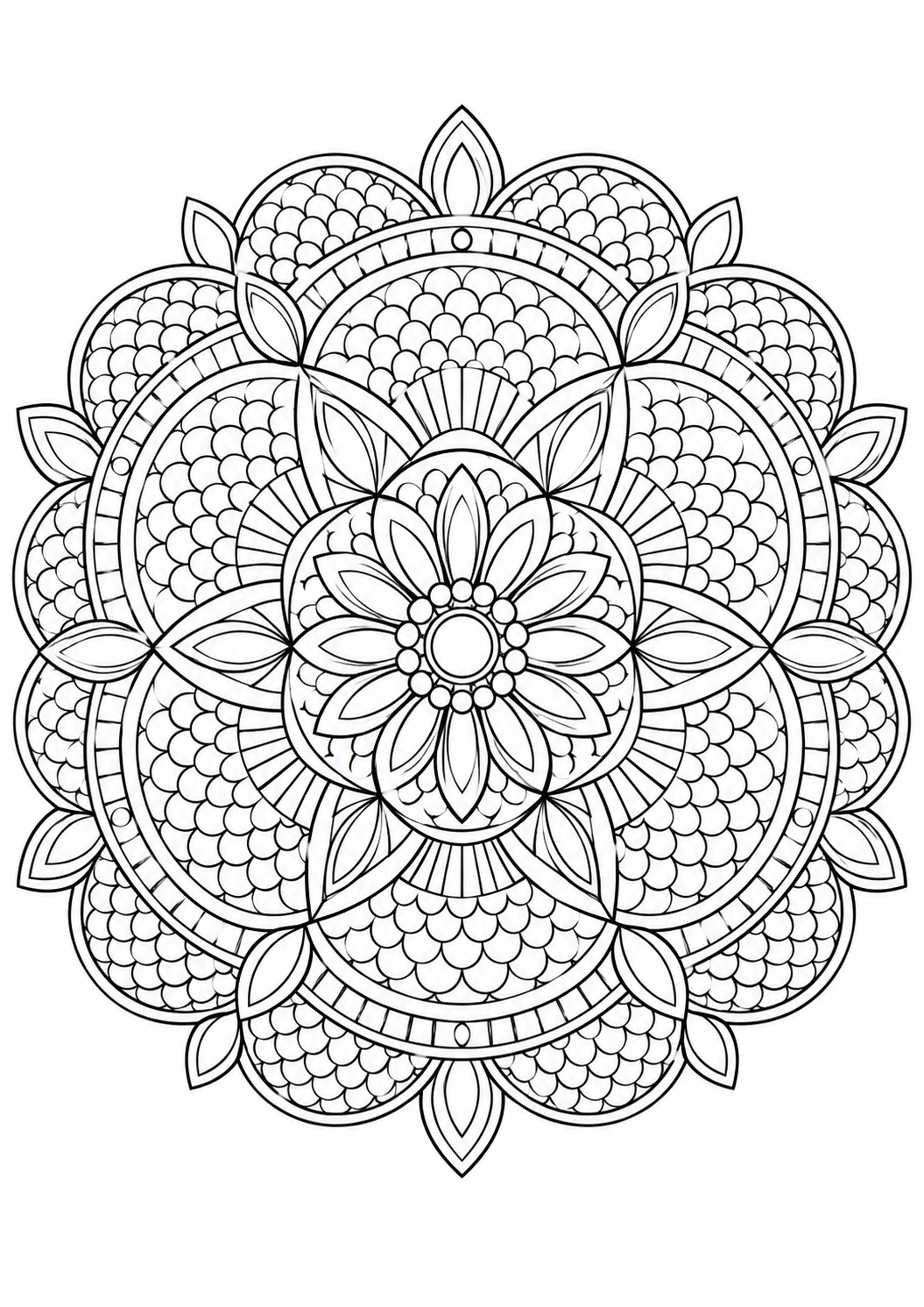 Mandala éventails doubles : dessin en noir et blanc à colorier