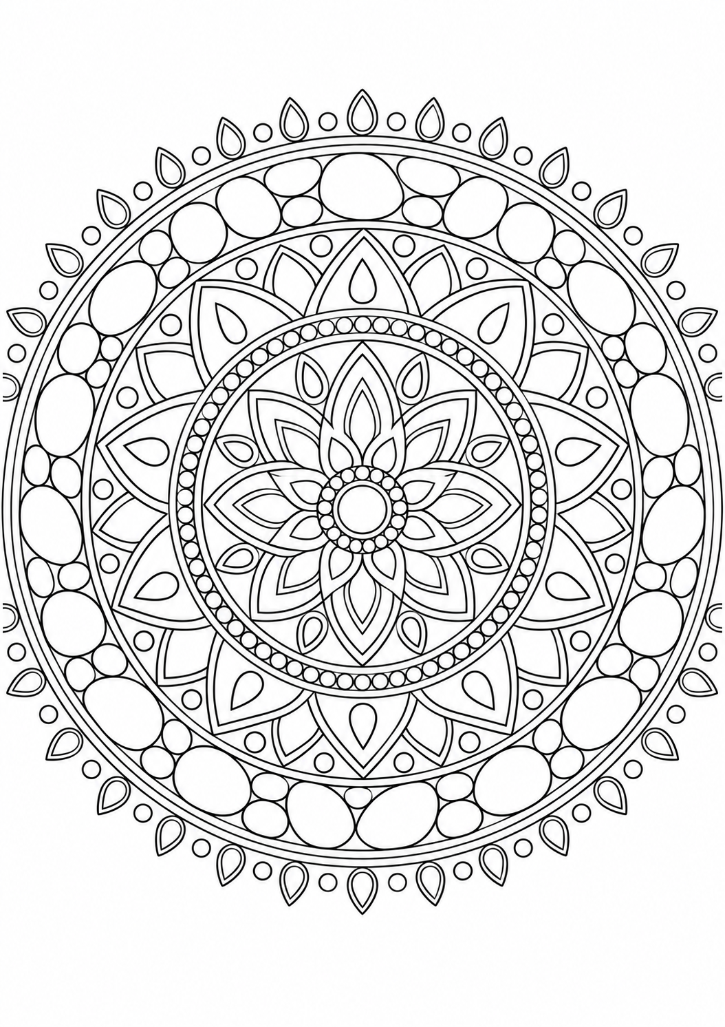 Mandala galets concentriques : dessin en noir et blanc à colorier