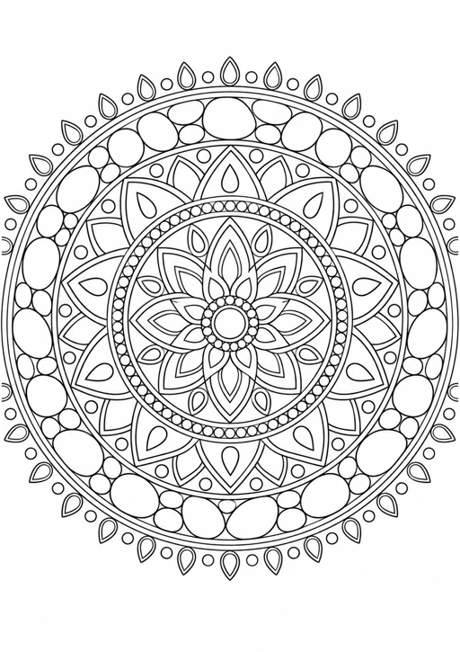 Mandala galets concentriques : dessin en noir et blanc à colorier