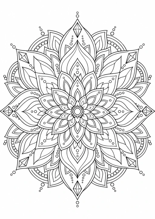 Mandala lotus fin : dessin en noir et blanc à colorier