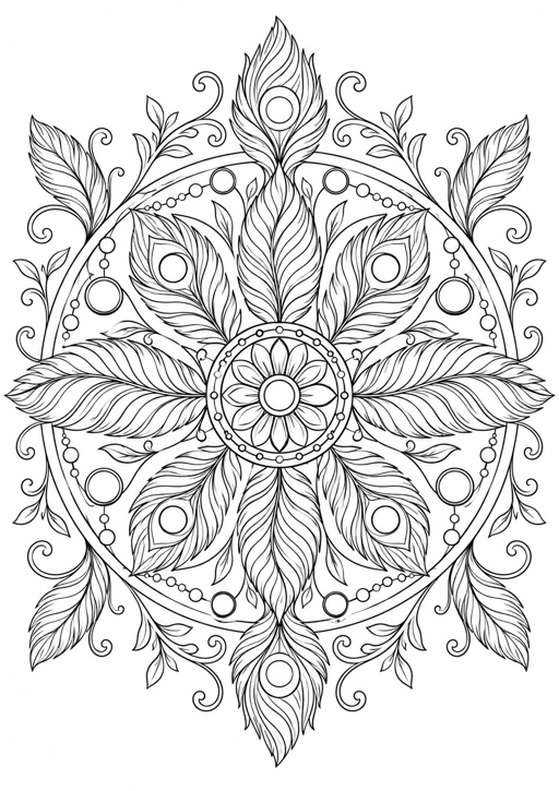 Mandala plumes : dessin en noir et blanc à colorier