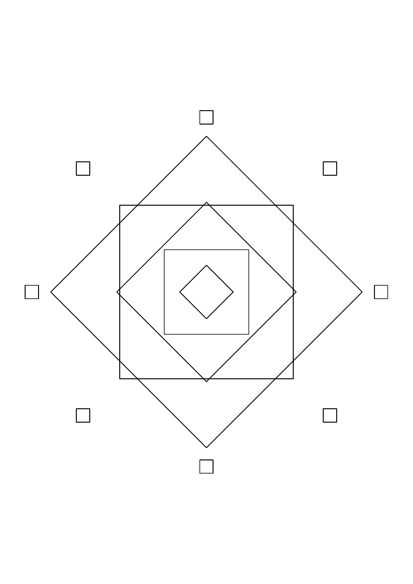 Mandala géométrique de carrés tournés : dessin noir et blanc à colorier