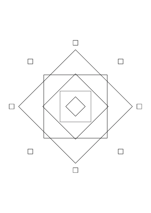 Mandala géométrique de carrés tournés : dessin noir et blanc à colorier