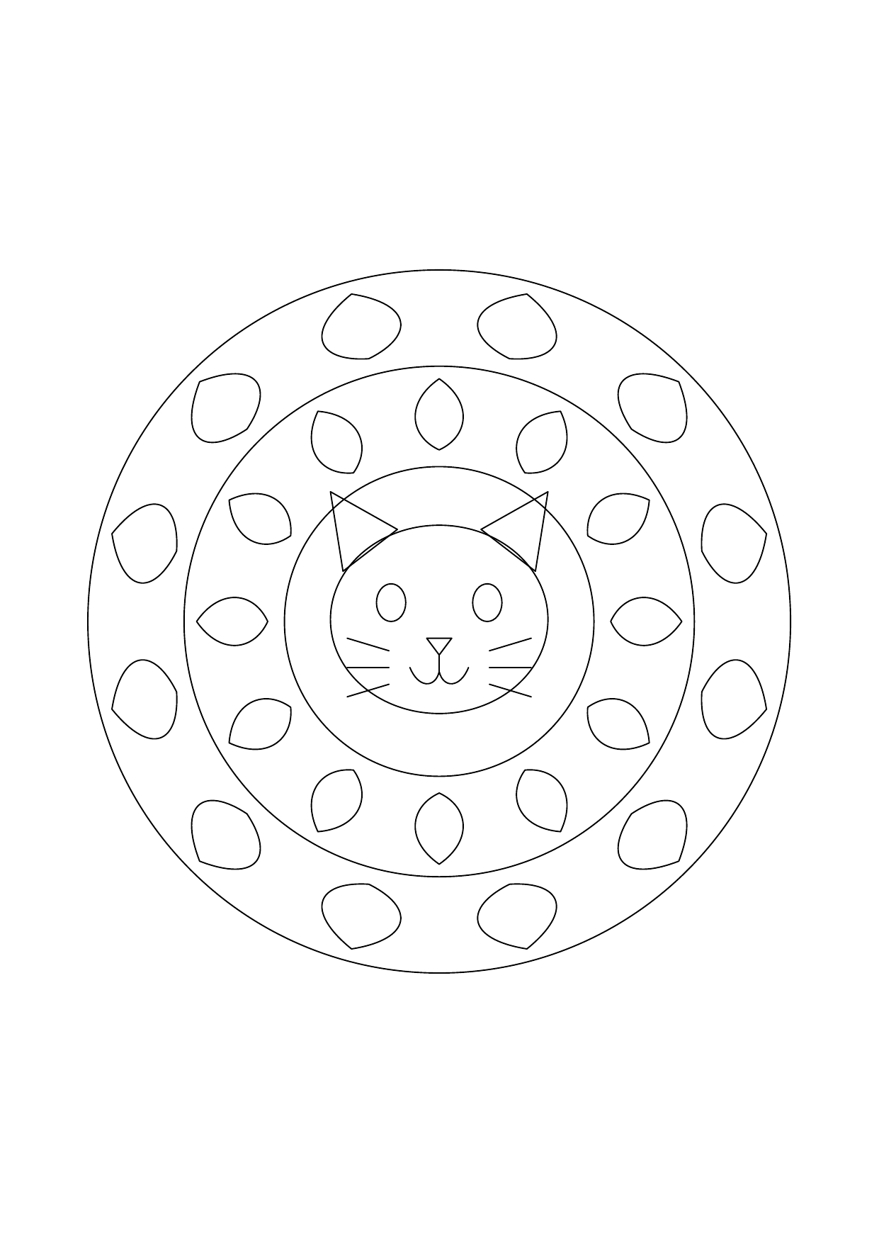 Mandala avec un visage de chat au centre, entouré de pétales et de motifs répétés.