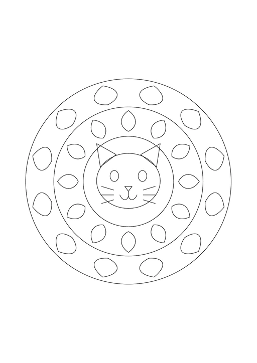 Mandala avec un visage de chat au centre, entouré de pétales et de motifs répétés.