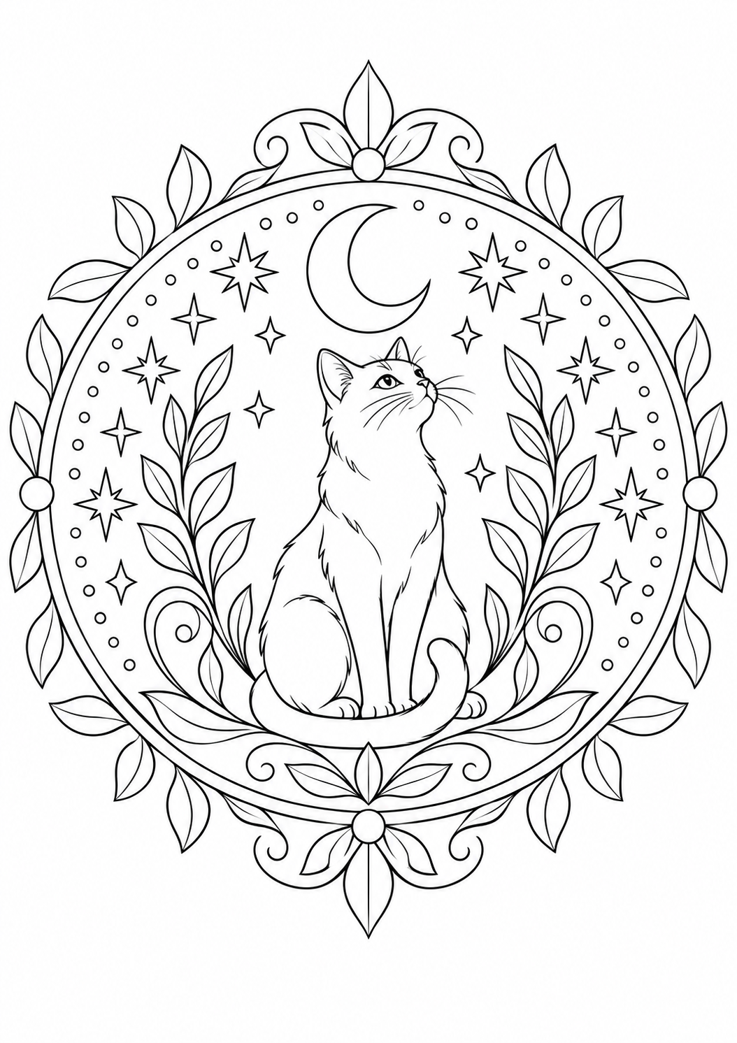 Mandala chat et lune : dessin au trait noir à colorier