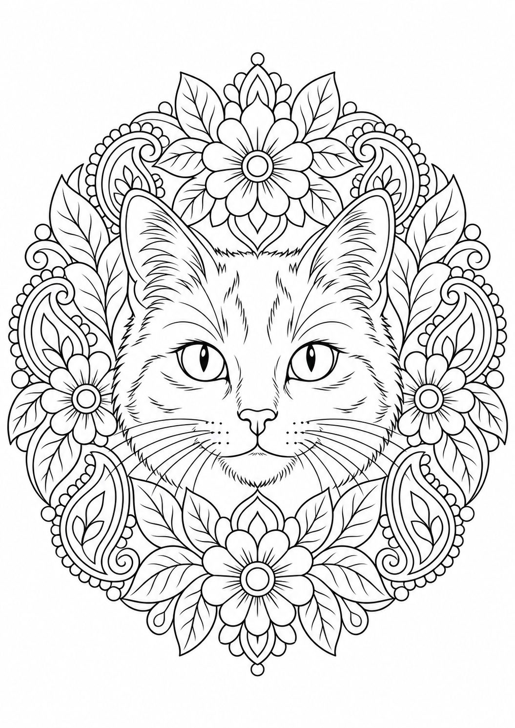 Mandala chat fleuri : dessin au trait noir à colorier