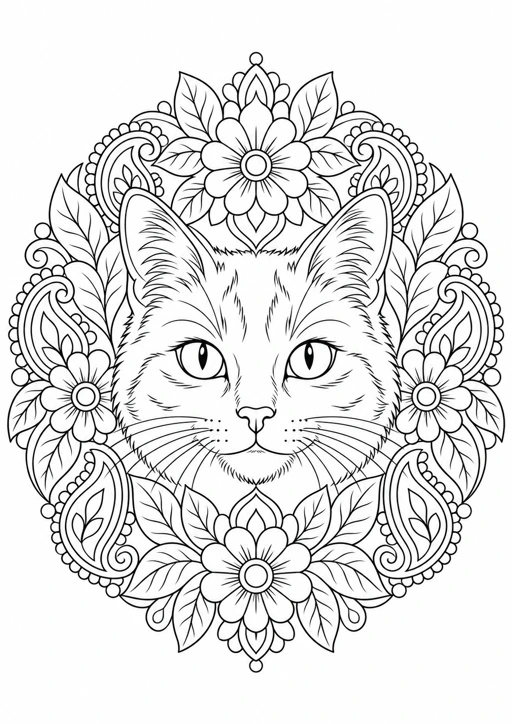 Mandala chat fleuri : dessin au trait noir à colorier