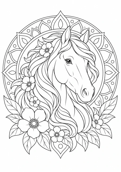 Mandala cheval à la crinière fleurie : dessin au trait noir à colorier