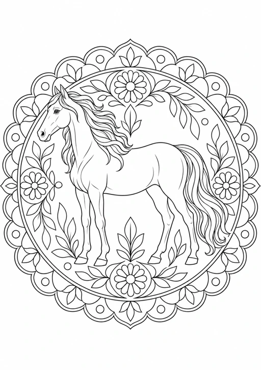 Mandala cheval et ornements : dessin au trait noir à colorier