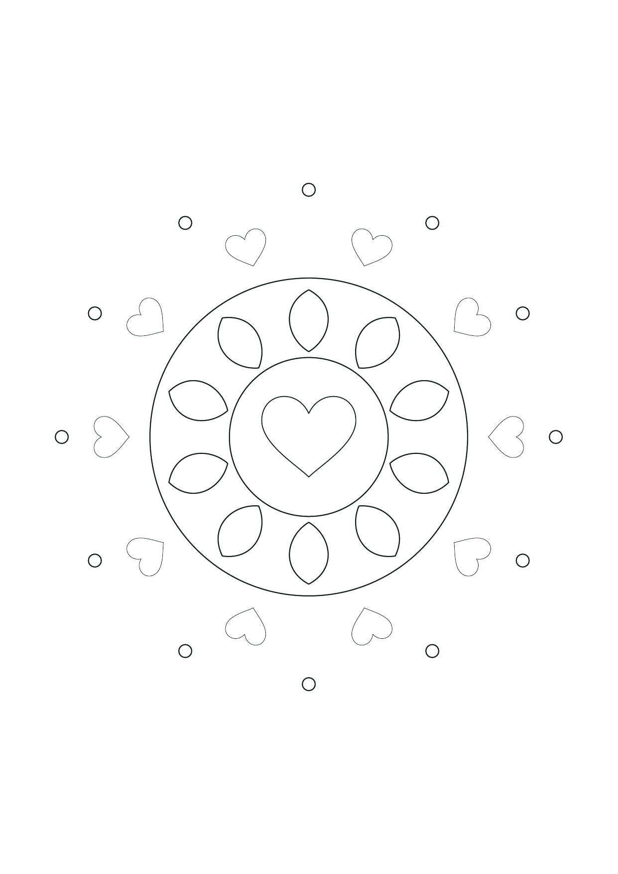 Mandala cœur et pétales : feuille à colorier en noir et blanc
