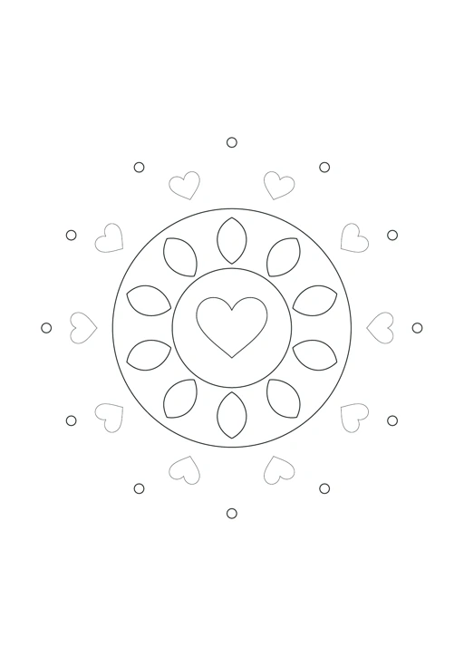 Mandala cœur et pétales : feuille à colorier en noir et blanc