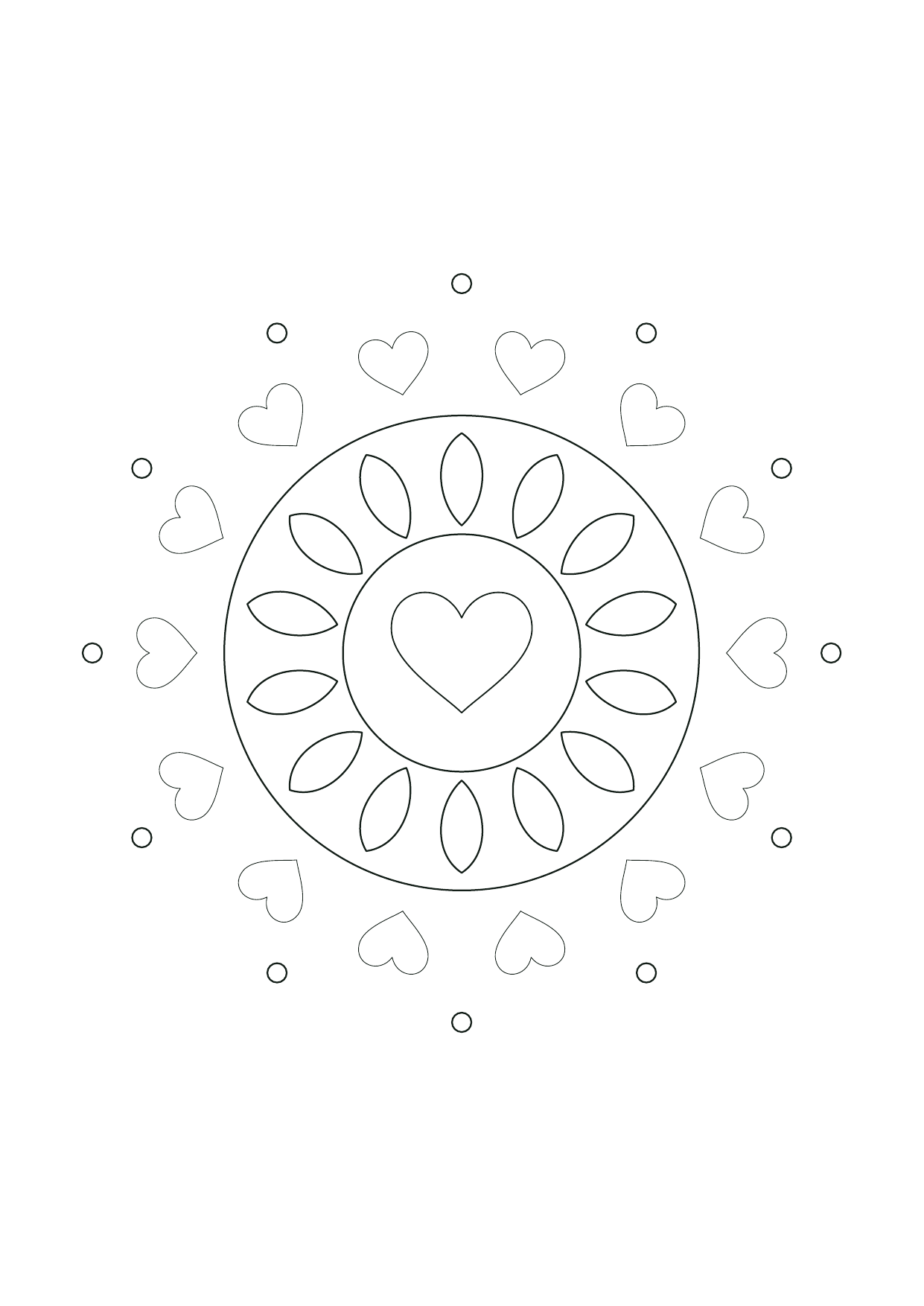 Mandala cœur ornemental : feuille à colorier en noir et blanc