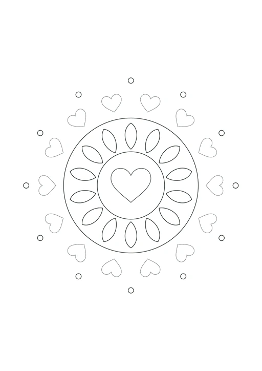 Mandala cœur ornemental : feuille à colorier en noir et blanc