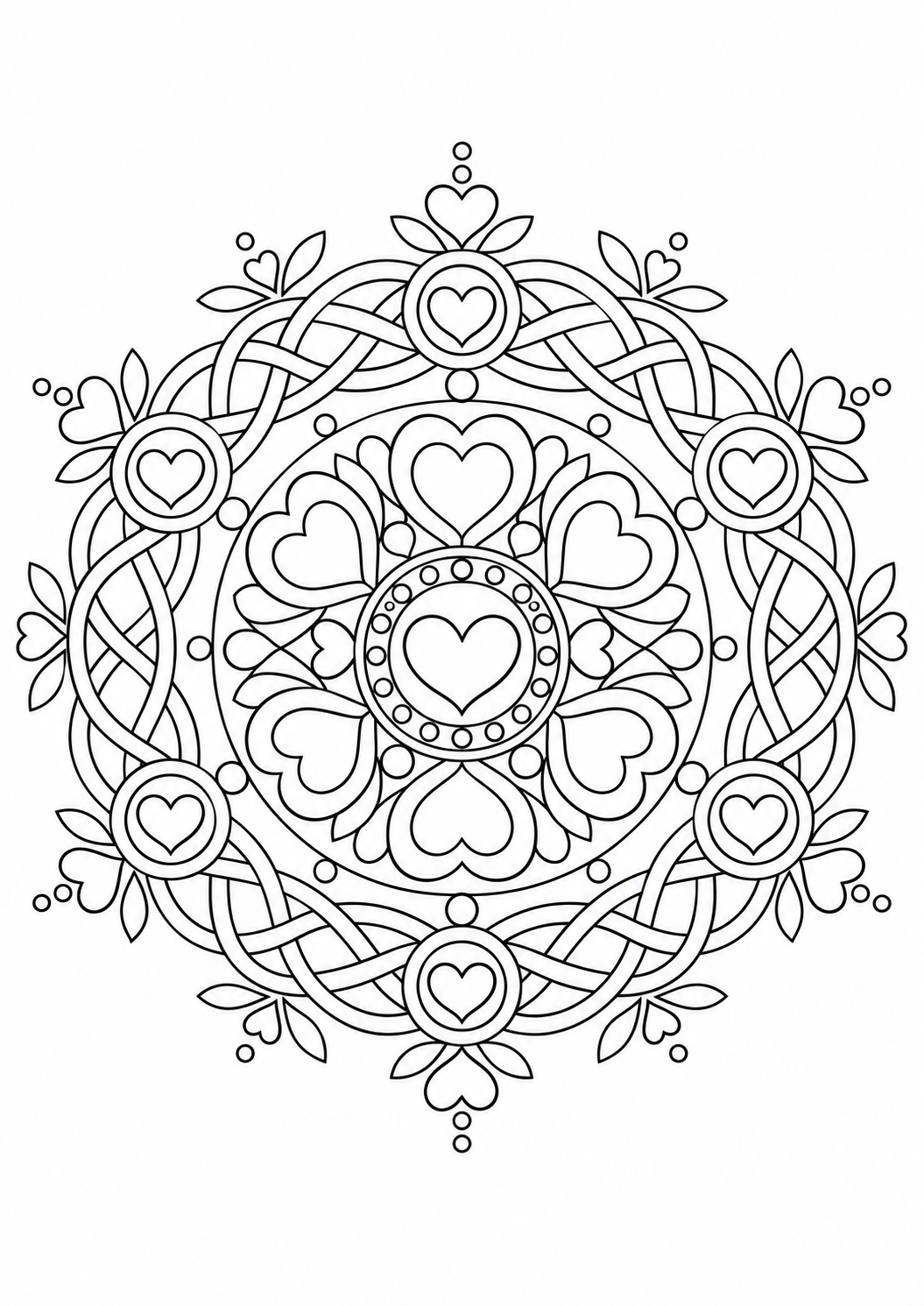 Mandala cœurs en cercles : dessin en noir et blanc à colorier