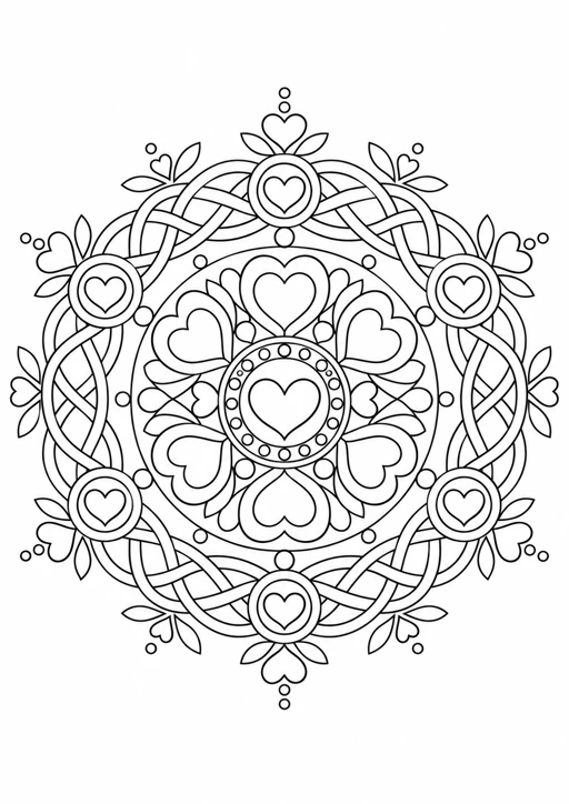 Mandala cœurs en cercles : dessin en noir et blanc à colorier